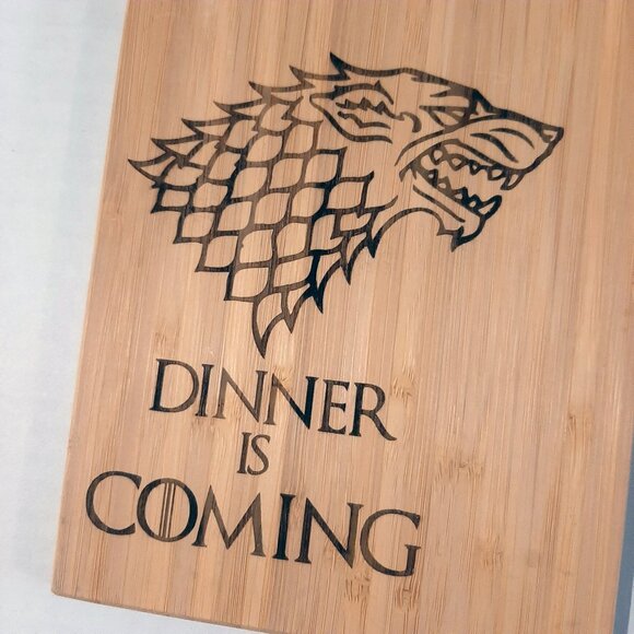 New Bamboo wood Cutting Board 9.5 X 6 in Dinner is coming Game of Thrones parody - Picture 2 of 9
